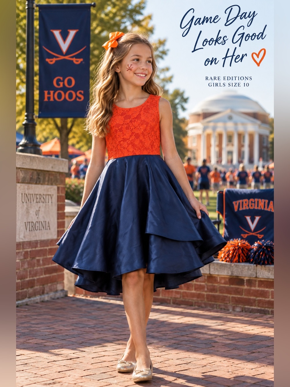 Rare Editions Girls 10 Orange Navy Lace Dress UVA Cavaliers Game Day Party